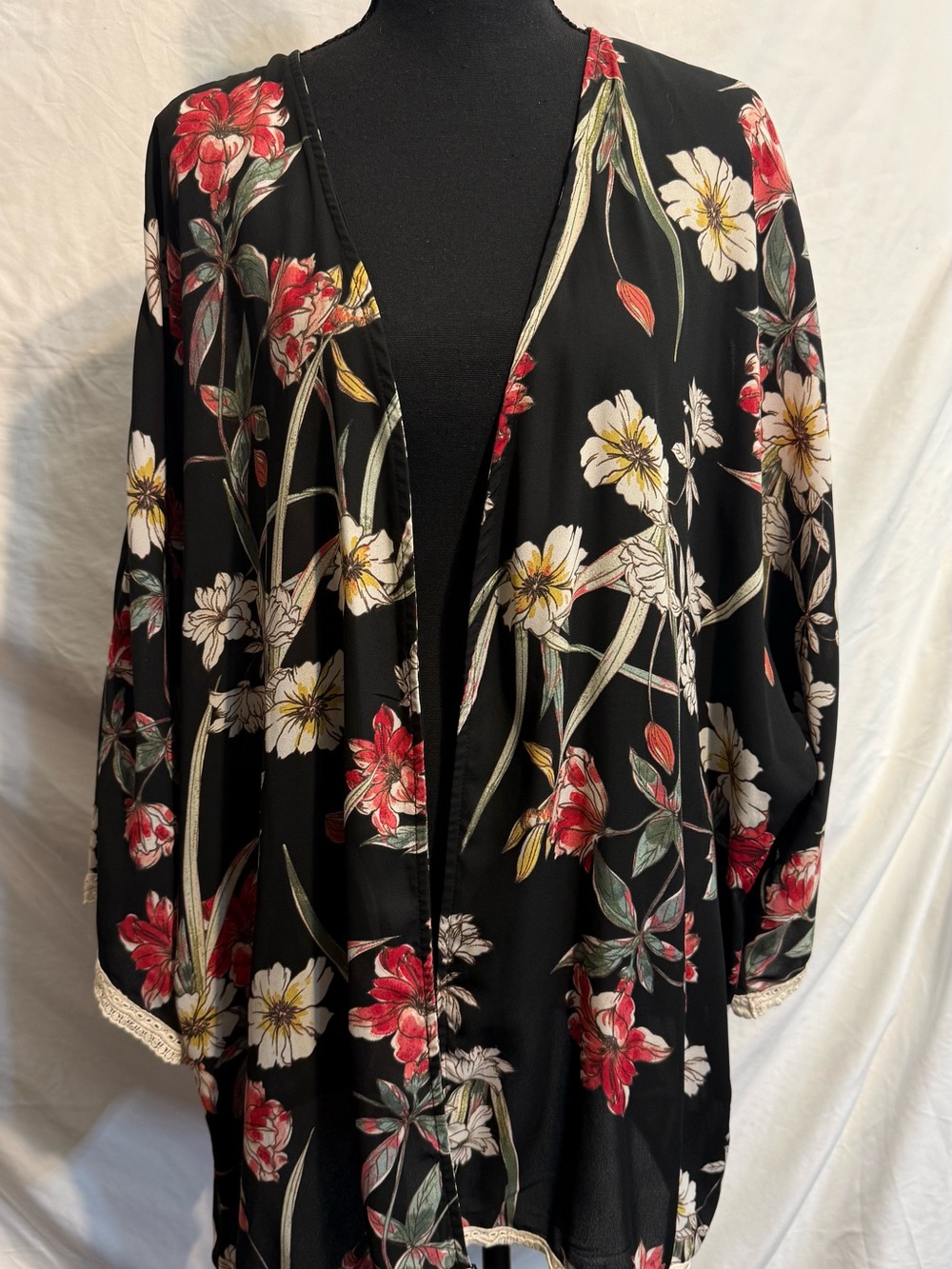Liberty Love Black Floral Open Front Cardigan with Red & White Flowers